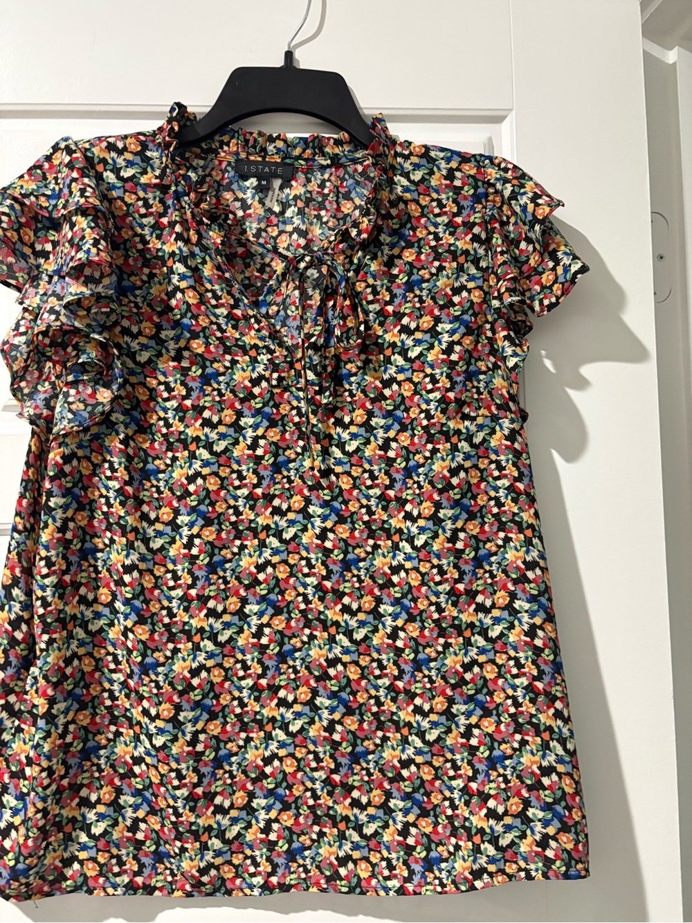 1. State Multicolor Floral Tie-Neck Flutter Sleeve Blouse